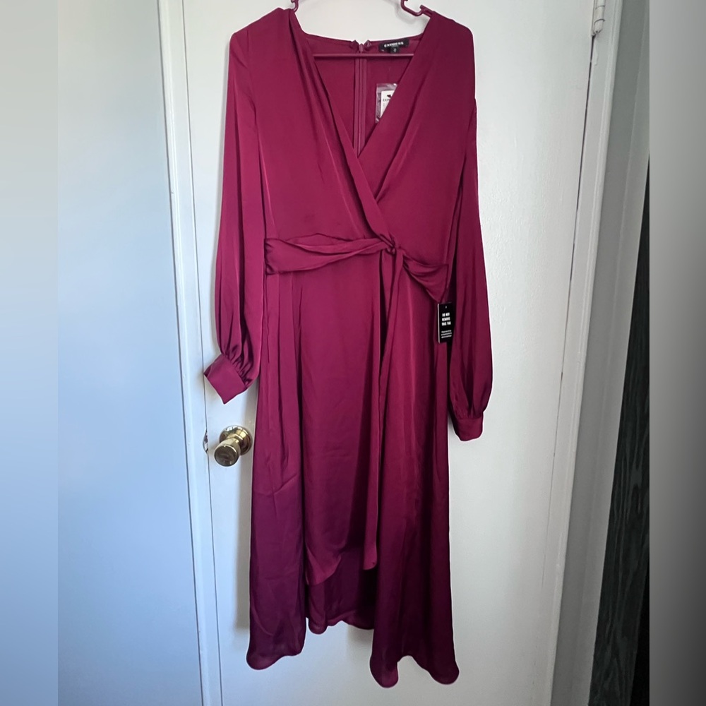 Express Long Sleeve Twist Front Midi Dress - Deep Berry